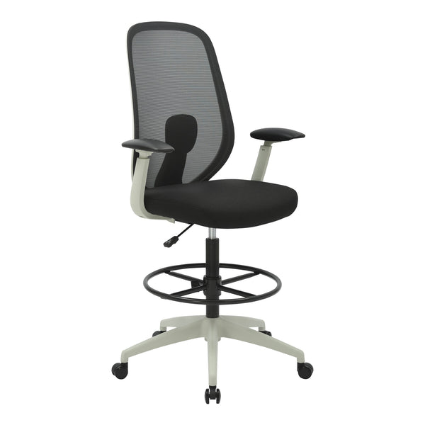 Buro Force drafting chair with light grey frame, black seat and foot ring, three-quarter view