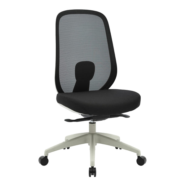 Buro Force mesh office chair with light grey frame and black seat, without arms, three-quarter view