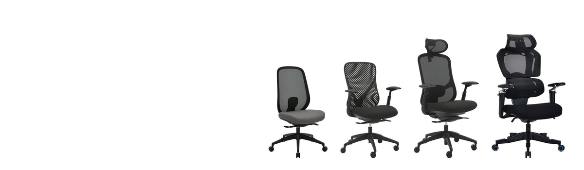Buro office chairs side by side: Force, Axon, Quantum with headrest and the Buro x PowerA Sentinel