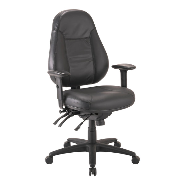 Buro Persona 24/7 chair, black leather, adjustable arms, angle view (Buro Seating photograph)