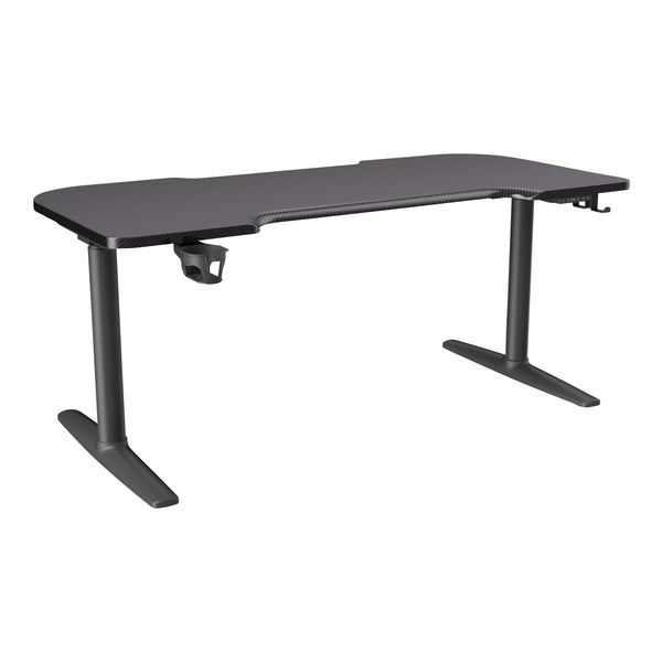 Buro x PowerA Frontier height adjustable gaming desk, black frame with carbon fibre-look top, front angle view