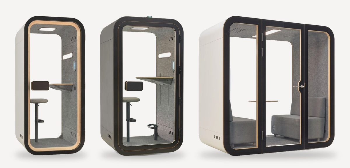 The YADO range side by side: YADO 100 phone booth, YADO 120 focus pod in black and YADO 220 meeting pod, each with a black-framed glass front