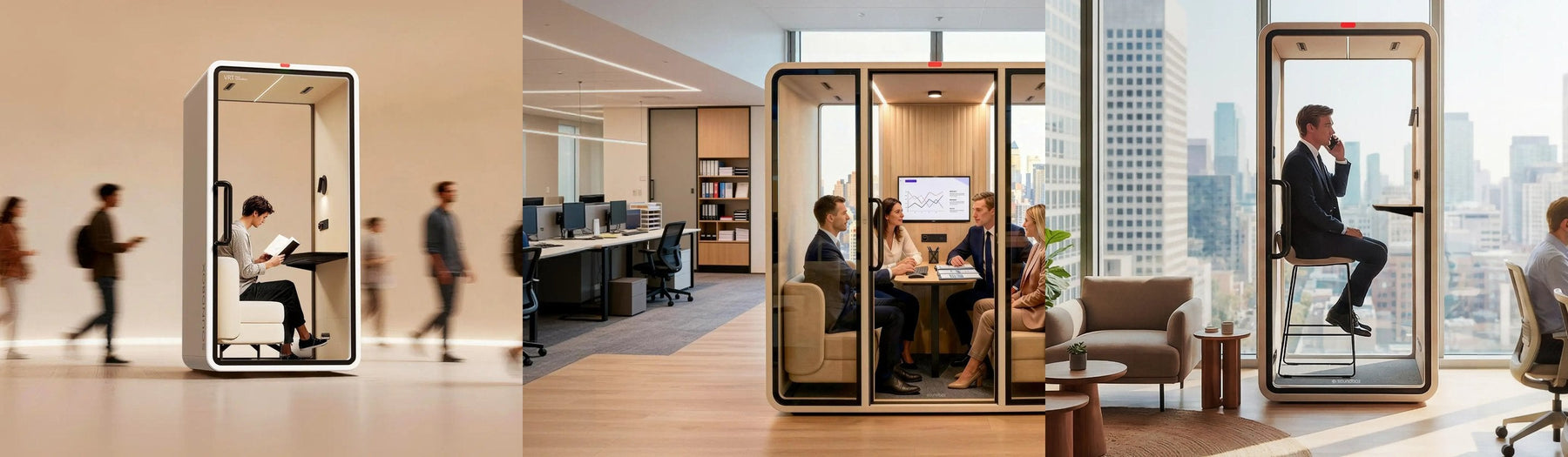 SoundBox VRT pods in three offices: a one-person booth beside a busy corridor, a team meeting in a VRT meeting pod, and a phone call in a VRT booth by a city window