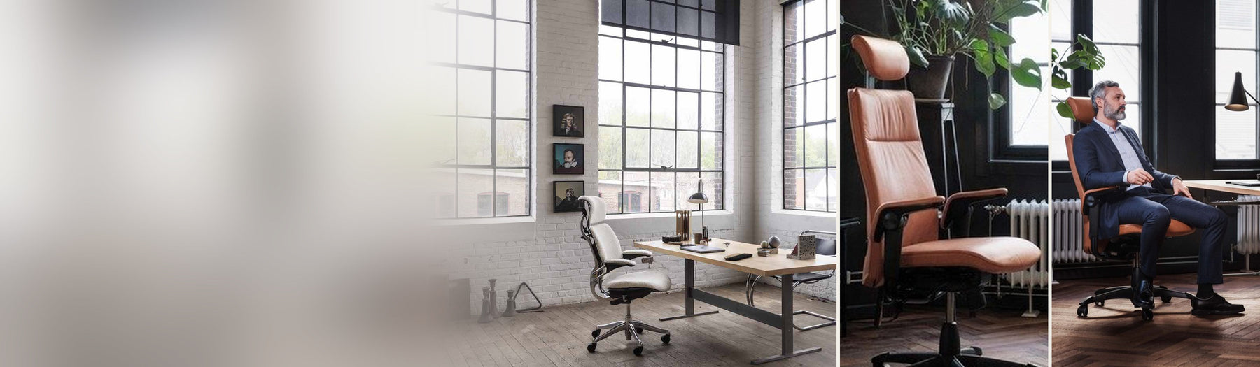 HÅG Tribute and Humanscale Freedom Headrest executive chairs in three offices: a tan leather Tribute in a loft, a white Freedom Headrest at a desk, and a Tribute in use in a study
