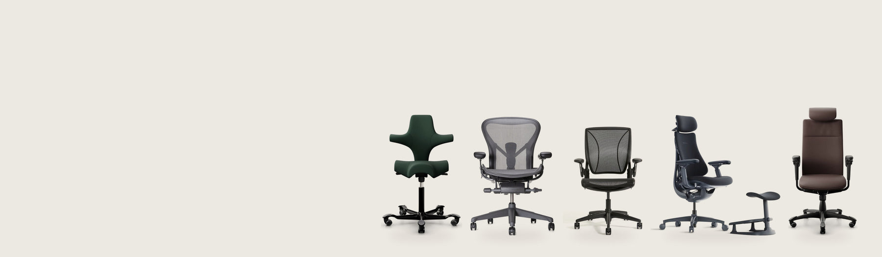 Office chairs from four brands: HÅG Capisco 8106, Herman Miller Aeron, Humanscale World One, LiberNovo Omni and HÅG Tribute