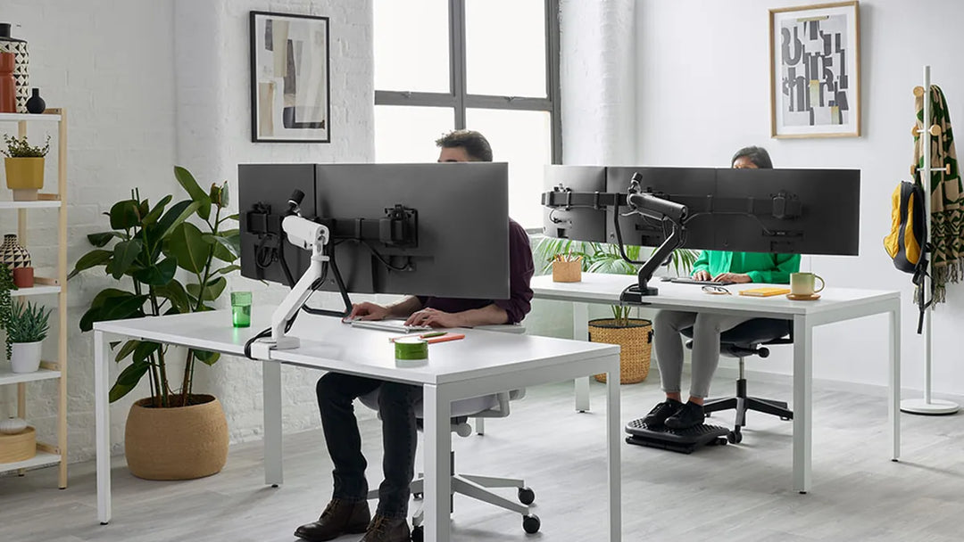 CBS Flo X Multi monitor arms supporting dual screens at shared office workstations - Chair Dinkum Australia