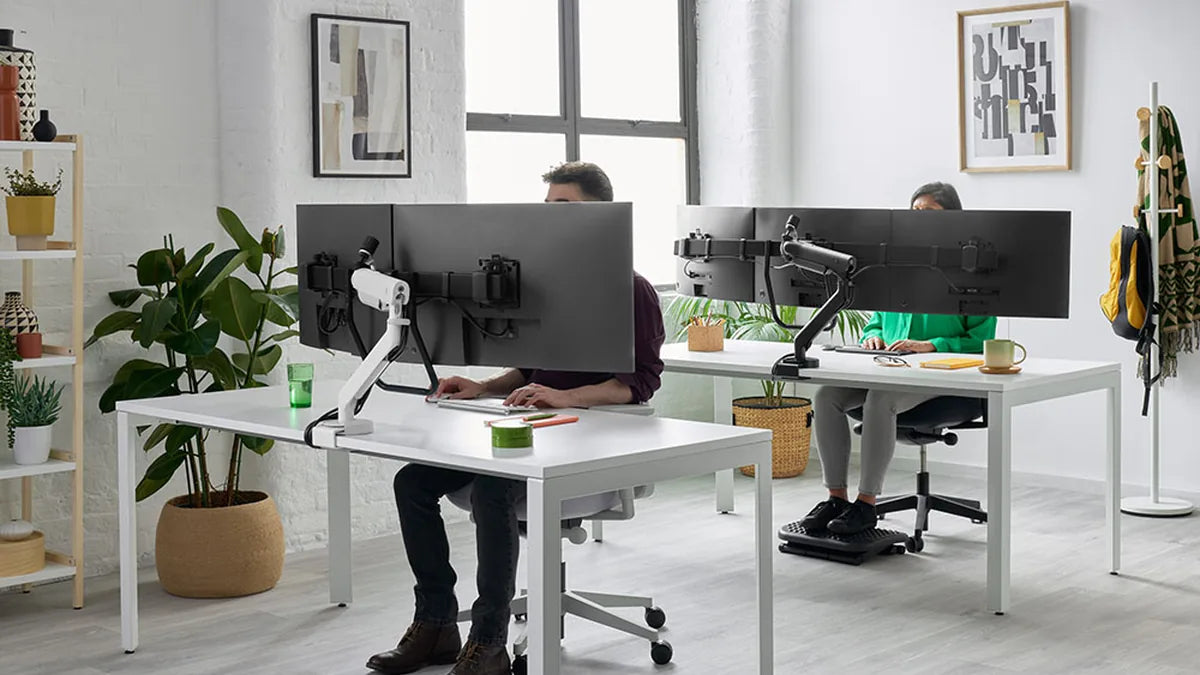 CBS Flo X Multi monitor arms supporting dual screens at shared office workstations - Chair Dinkum Australia
