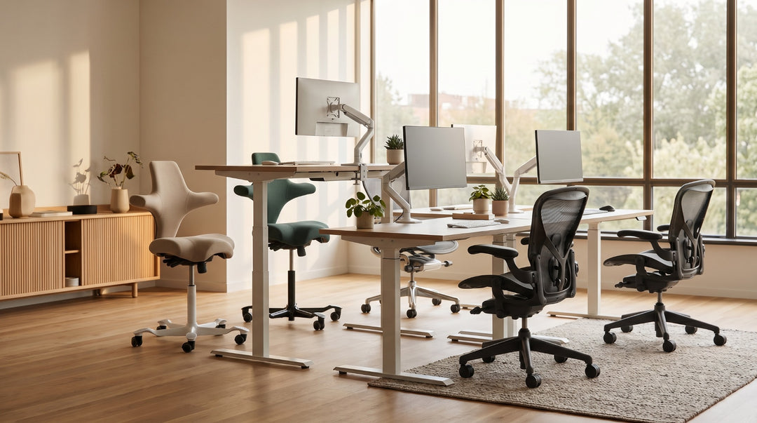 Ergonomic task chairs including HAG Capisco and Herman Miller Aeron at height-adjustable desks in a modern Australian office - Chair Dinkum