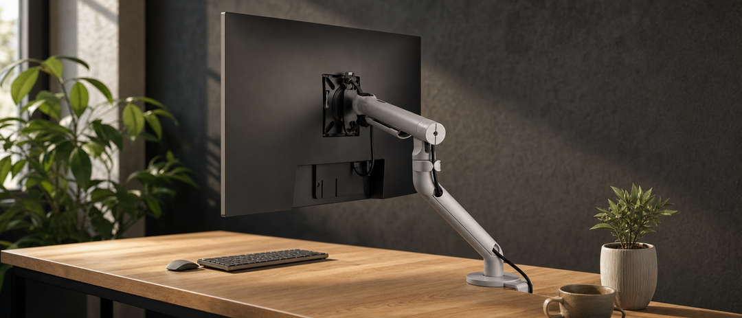 Premium monitor arm mounted on oak desk with dark charcoal background - Chair Dinkum