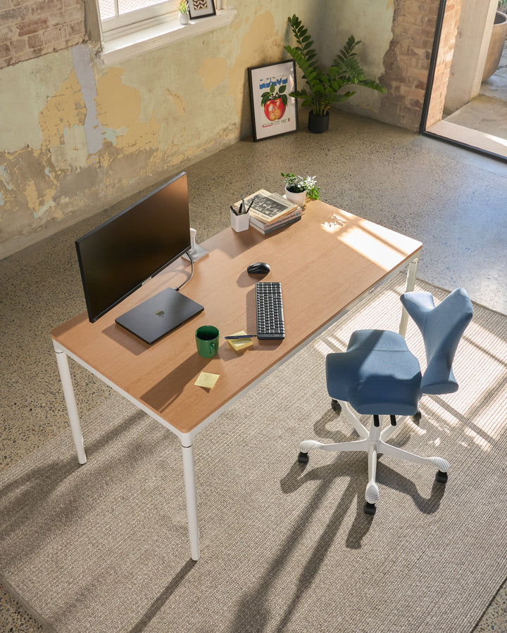 Forma four leg electric sit stand desk in oak and white at seated height - Chair Dinkum