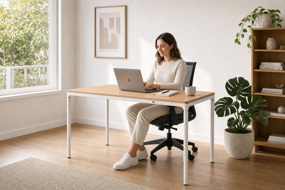Forma Four-Leg Sit Stand Table home office with person sitting - Chair Dinkum
