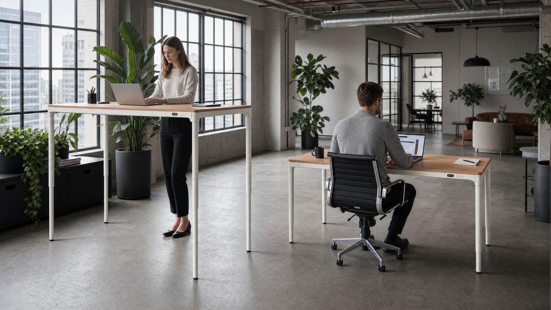 Forma Four-Leg Sit Stand Table in collaborative office showing sit and stand heights - Chair Dinkum