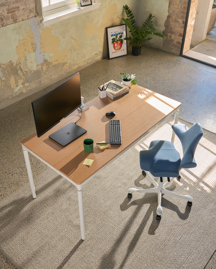 Forma four leg electric sit stand desk in oak and white front view - Chair Dinkum