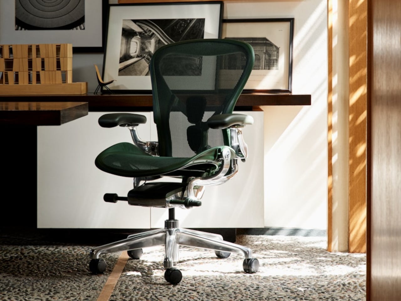 Herman Miller Aeron chair in Jasper green colour in a stylish home office setting - Chair Dinkum Australia