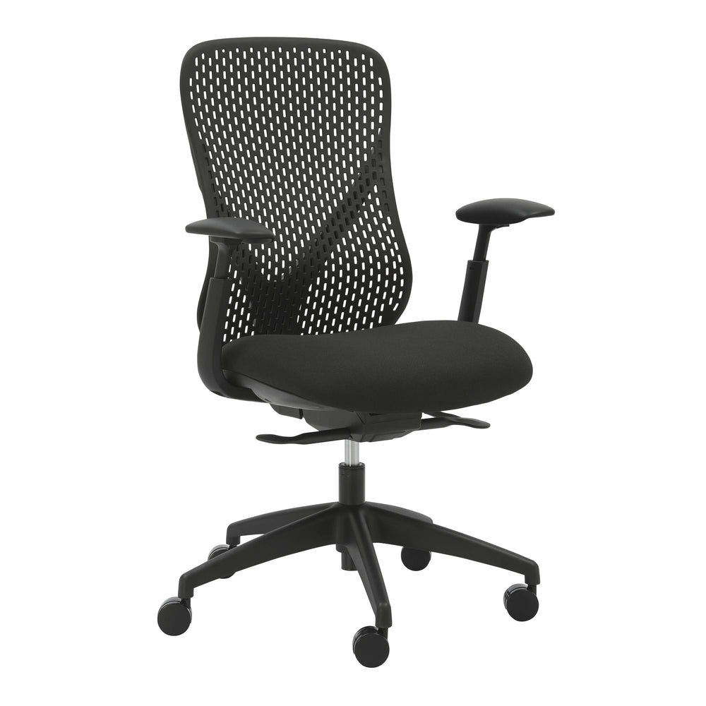 Buro Axon ergonomic office chair in black with adjustable arms, three-quarter view