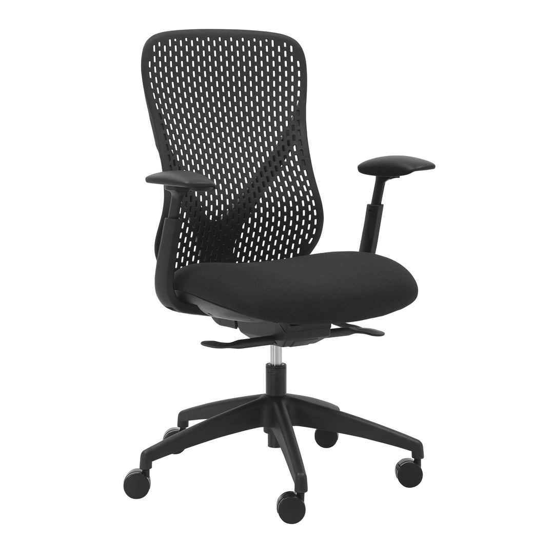 Buro Axon ergonomic office chair in black with adjustable arms, three-quarter view