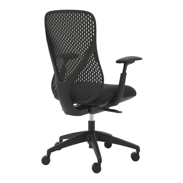 Buro Axon office chair in black with arms, rear three-quarter view of the flex-back