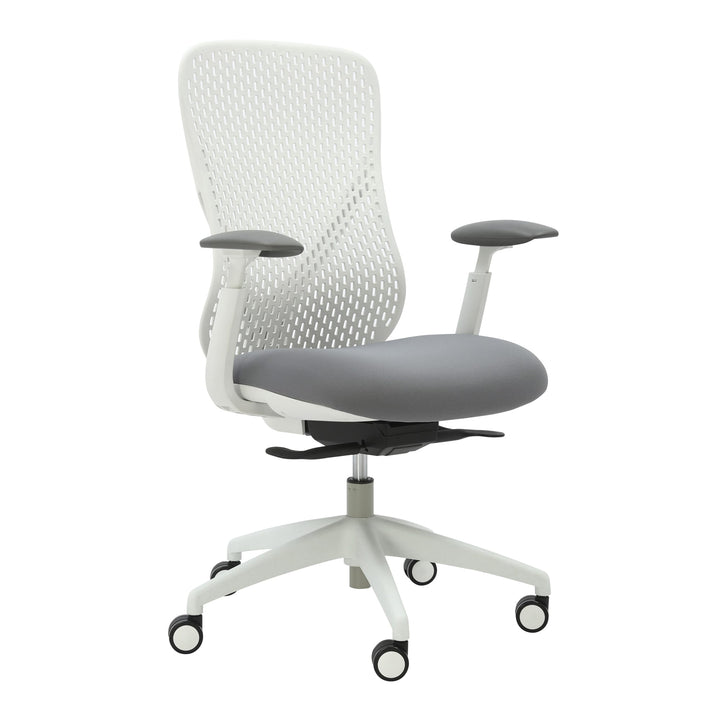 Buro Axon office chair with white frame, light grey seat and adjustable arms, three-quarter view