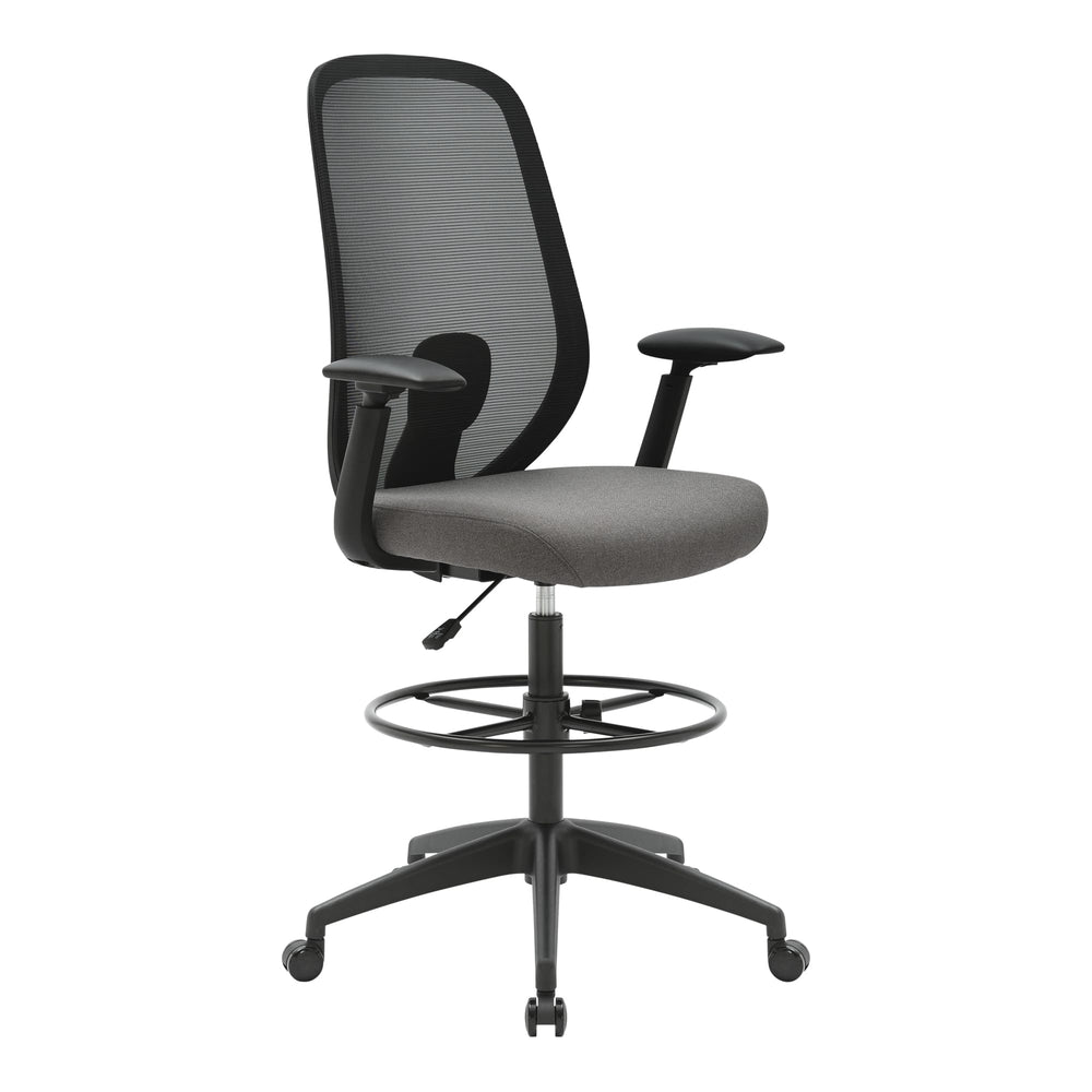 Buro Force drafting chair with black frame, grey seat and foot ring, three-quarter view