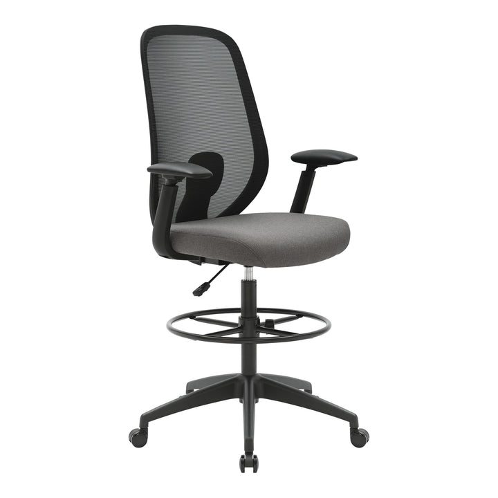 Buro Force drafting chair with black frame, grey seat and foot ring, three-quarter view