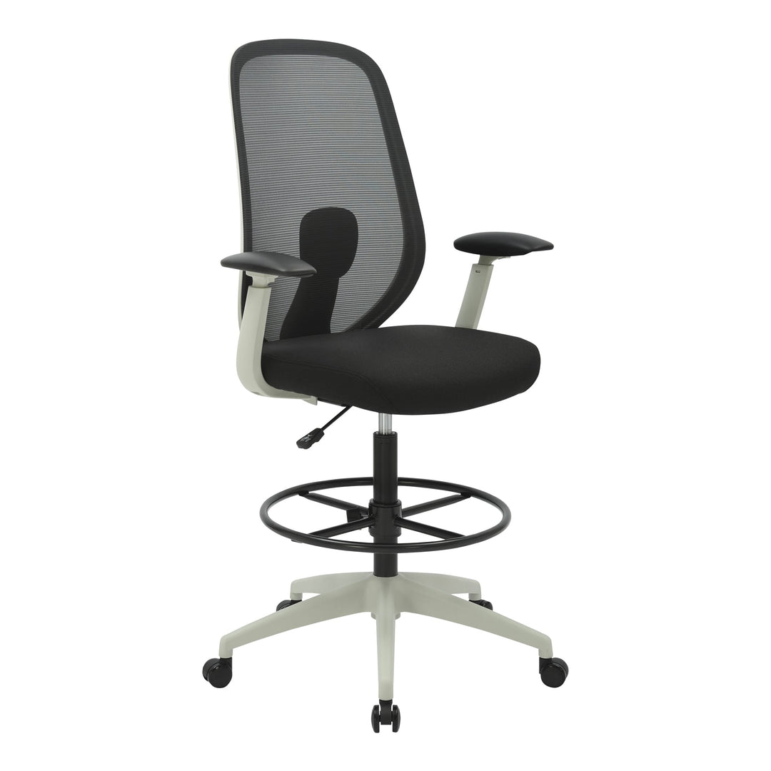Buro Force drafting chair with light grey frame, black seat and foot ring, three-quarter view