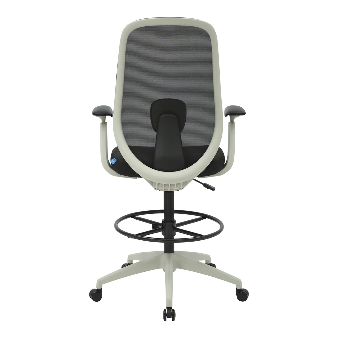 Buro Force drafting chair with light grey frame, back view of the mesh backrest