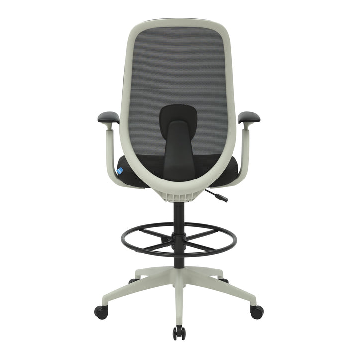 Buro Force drafting chair with light grey frame, back view of the mesh backrest