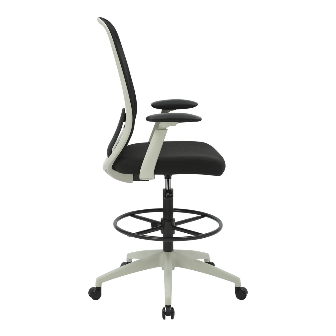 Buro Force drafting chair with light grey frame, side view showing the foot ring