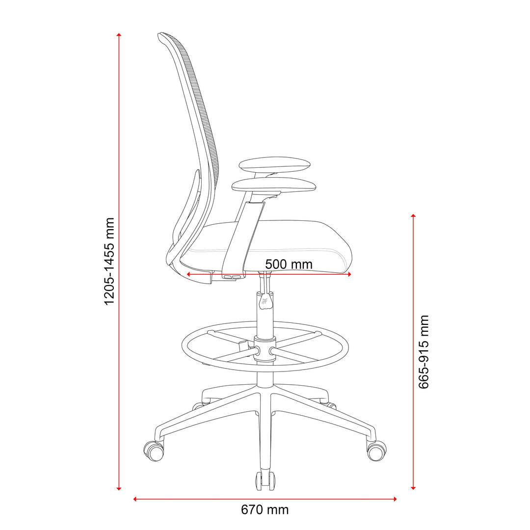 Buro Force drafting chair, dimensioned side line drawing