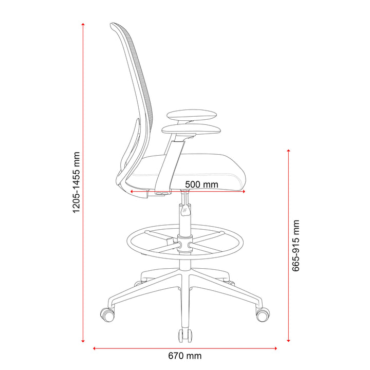 Buro Force drafting chair, dimensioned side line drawing