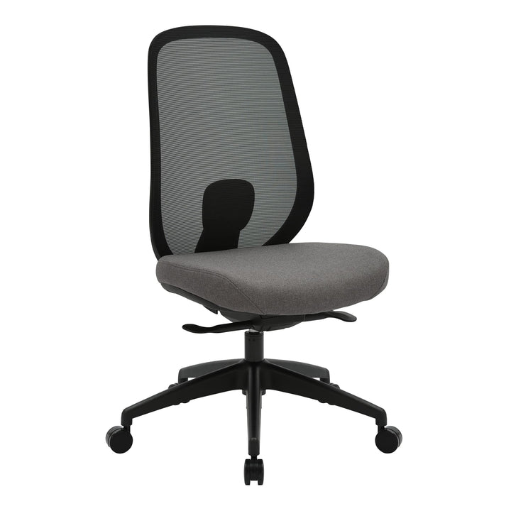 Buro Force mesh office chair with black frame and grey seat, without arms, three-quarter view