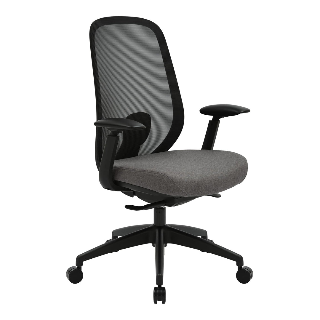 Buro Force mesh office chair with black frame, grey seat and adjustable arms, three-quarter view