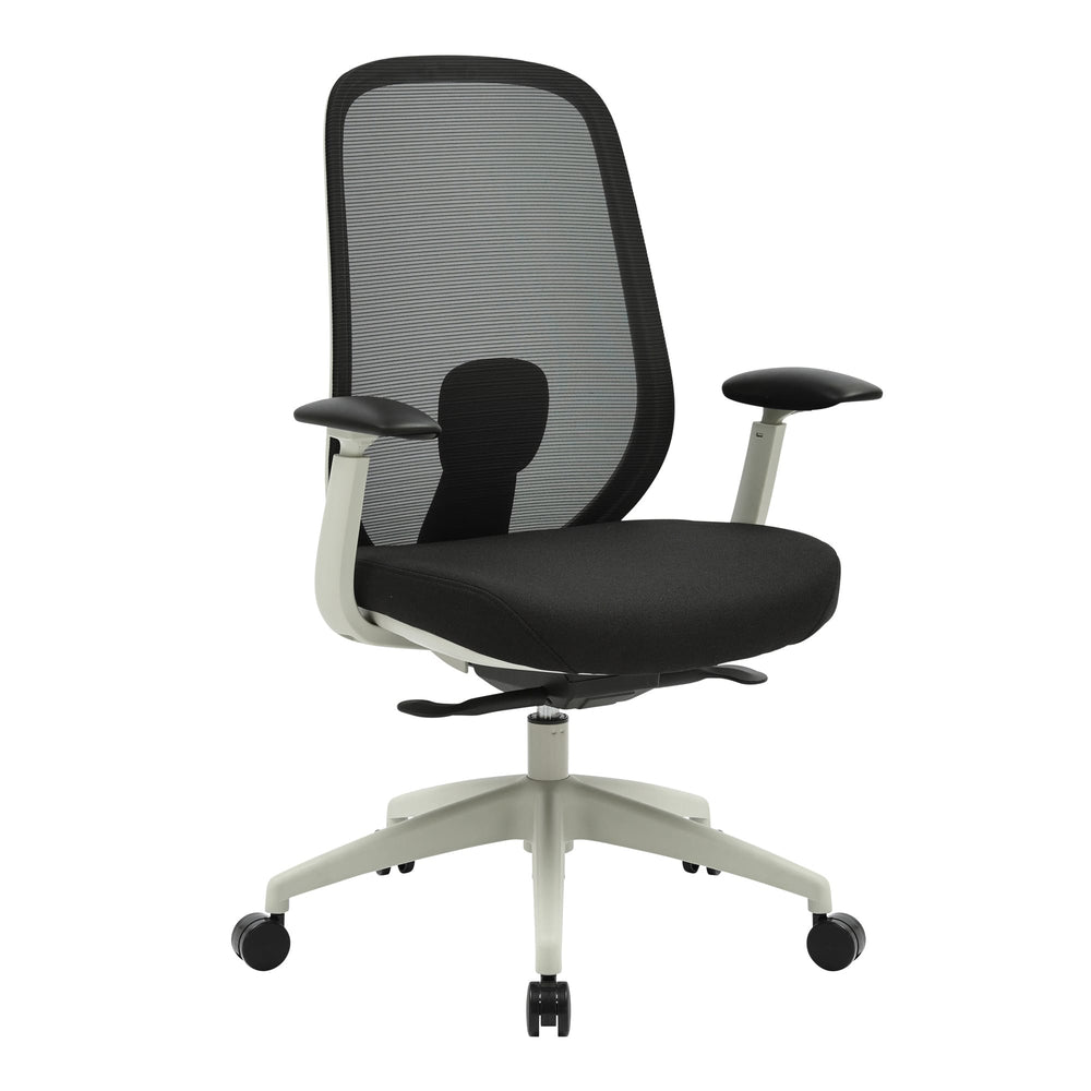 Buro Force mesh office chair with light grey frame and adjustable arms, three-quarter view
