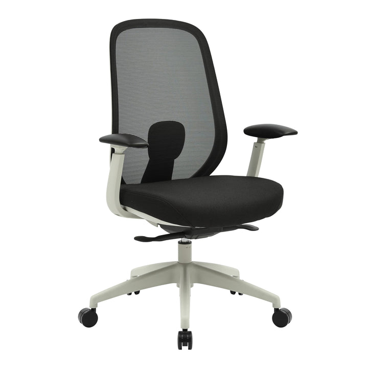 Buro Force mesh office chair with light grey frame and adjustable arms, three-quarter view