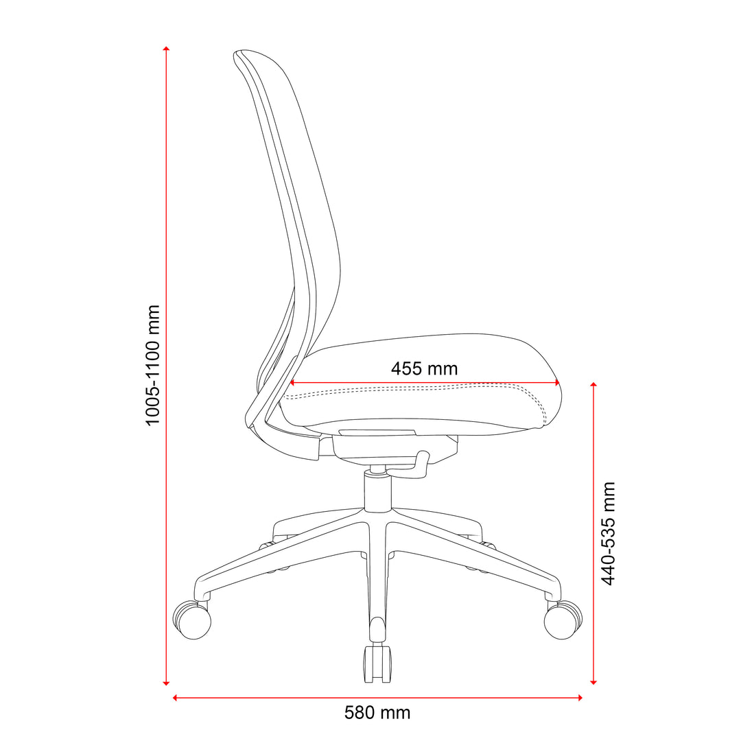 Buro Force mesh office chair, dimensioned side line drawing