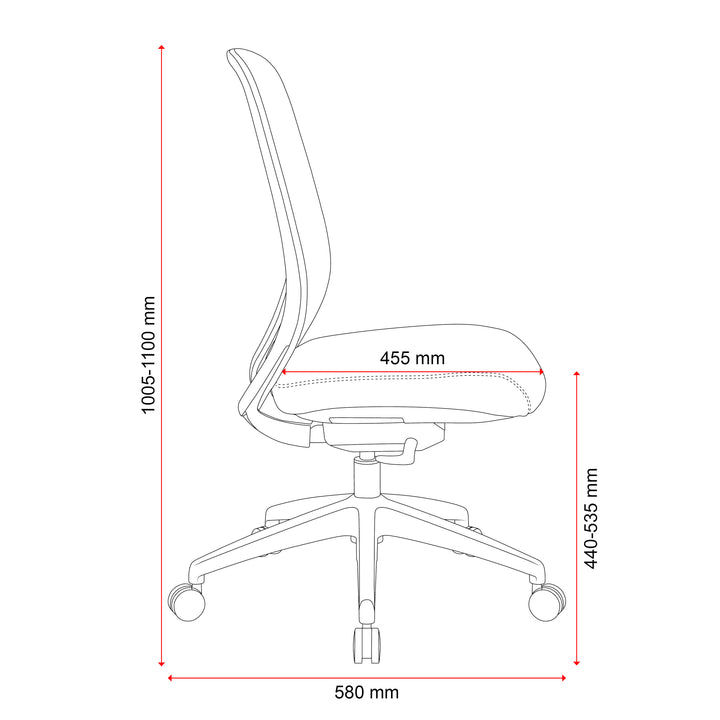 Buro Force mesh office chair, dimensioned side line drawing