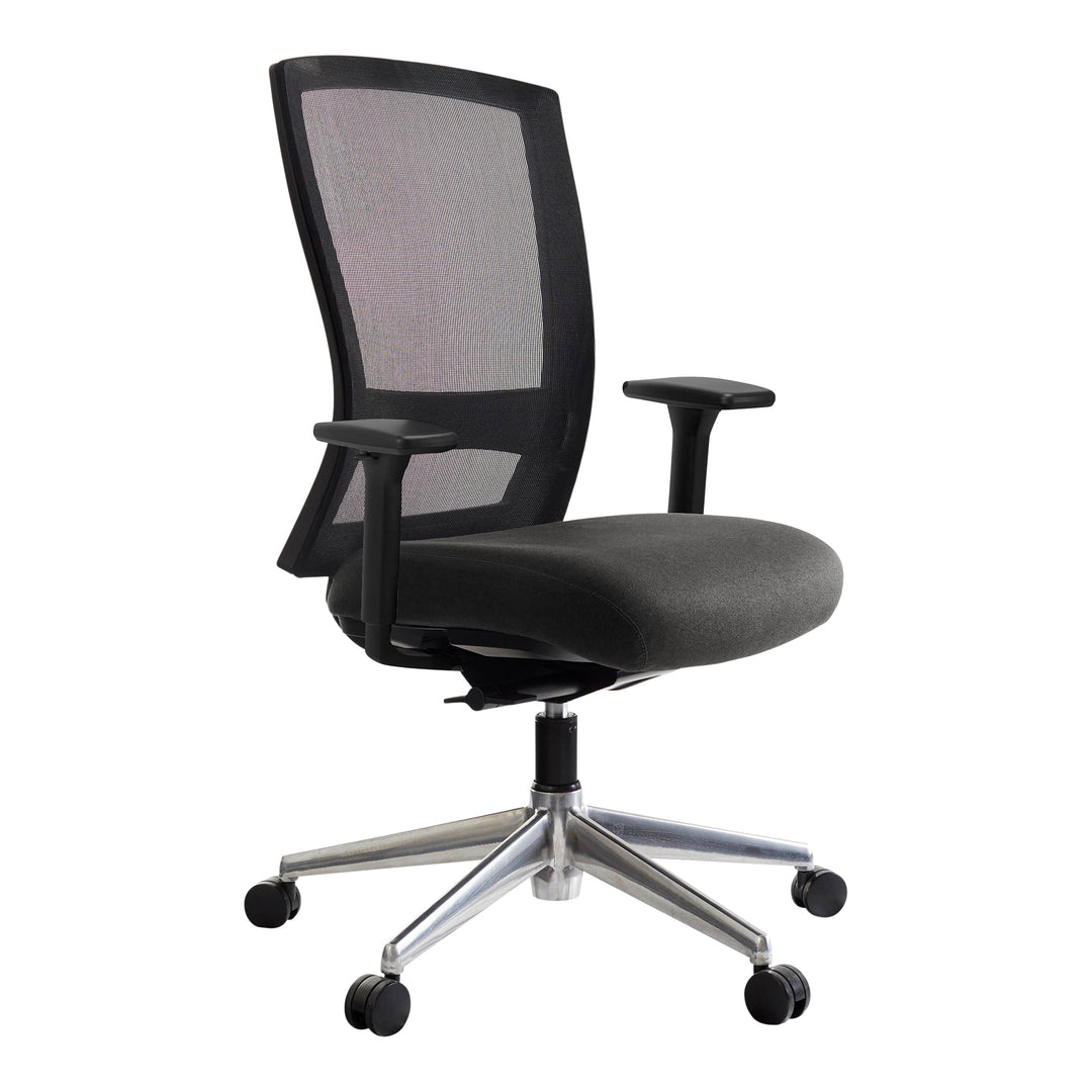 Buro Mentor mesh chair with arms, polished aluminium base, SafeTex charcoal seat, angle view (Buro Seating photograph)