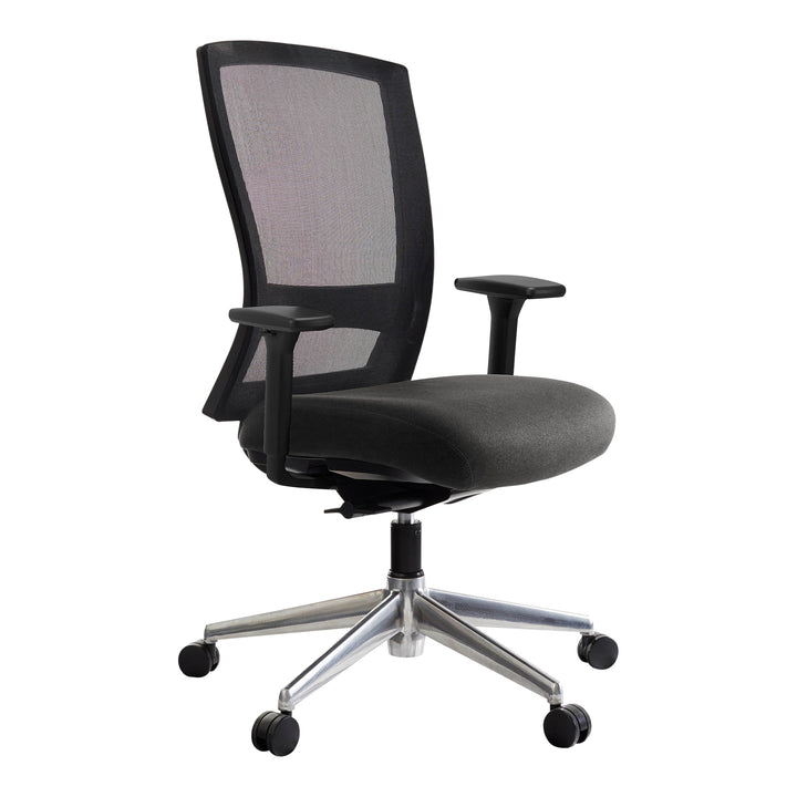 Buro Mentor mesh chair with arms, polished aluminium base, SafeTex charcoal seat, angle view (Buro Seating photograph)