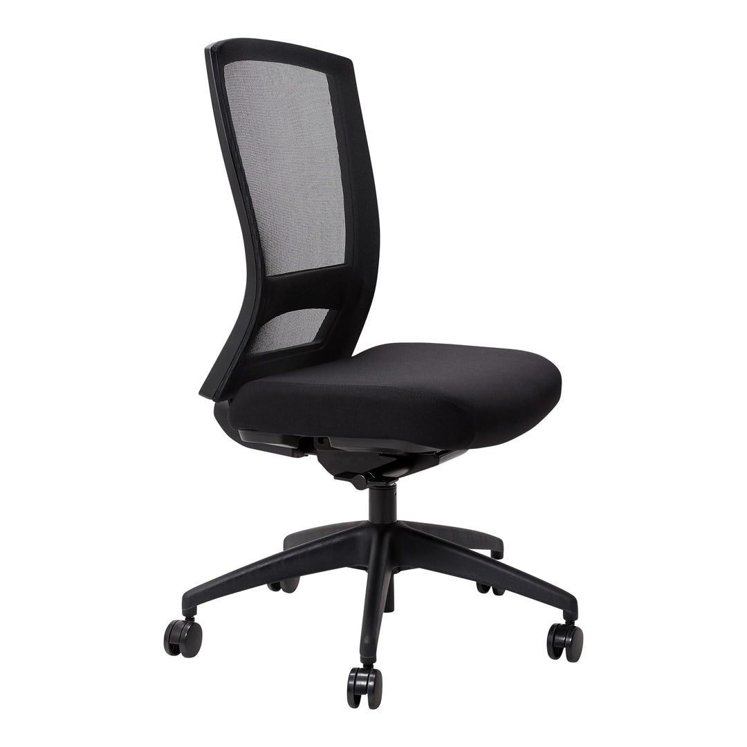Buro Mentor mesh chair, black nylon base, no arms, angle view (Buro Seating photograph)