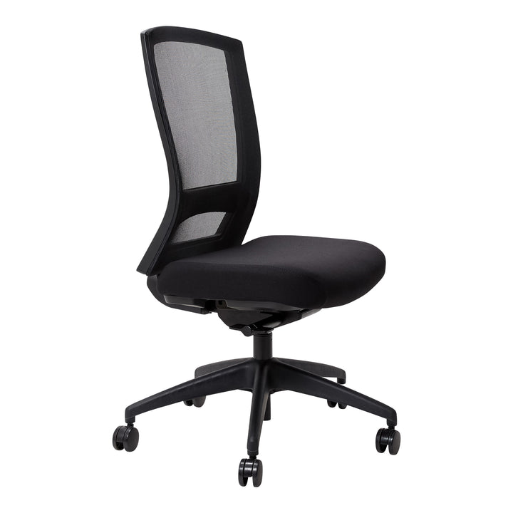 Buro Mentor mesh chair, black nylon base, no arms, angle view (Buro Seating photograph)