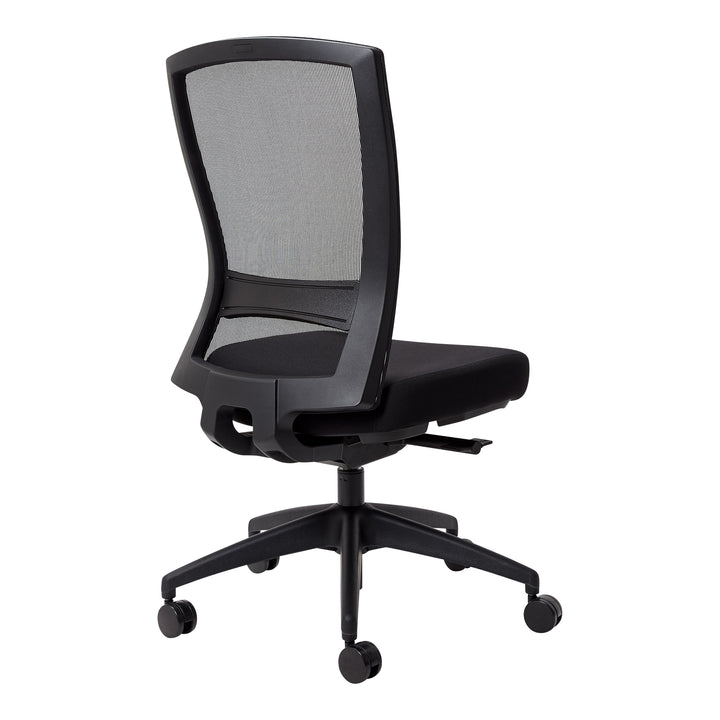 Buro Mentor mesh chair, black nylon base, no arms, rear angle view (Buro Seating photograph)