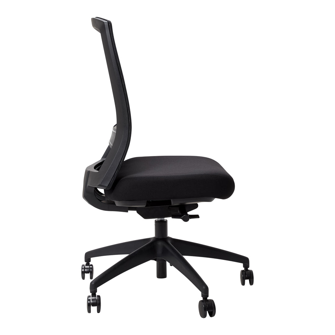 Buro Mentor mesh chair, black nylon base, side view (Buro Seating photograph)