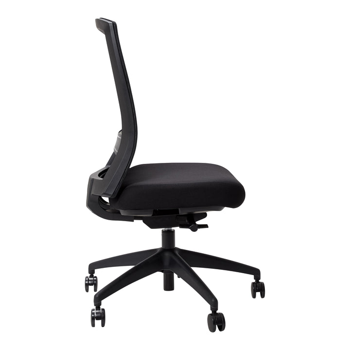 Buro Mentor mesh chair, black nylon base, side view (Buro Seating photograph)