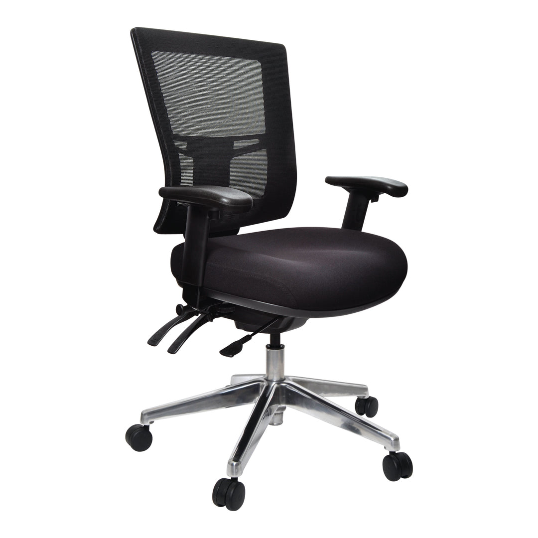 Buro Metro II 24/7 chair with adjustable arms, shown with optional polished aluminium base, angle view (Buro Seating photograph)