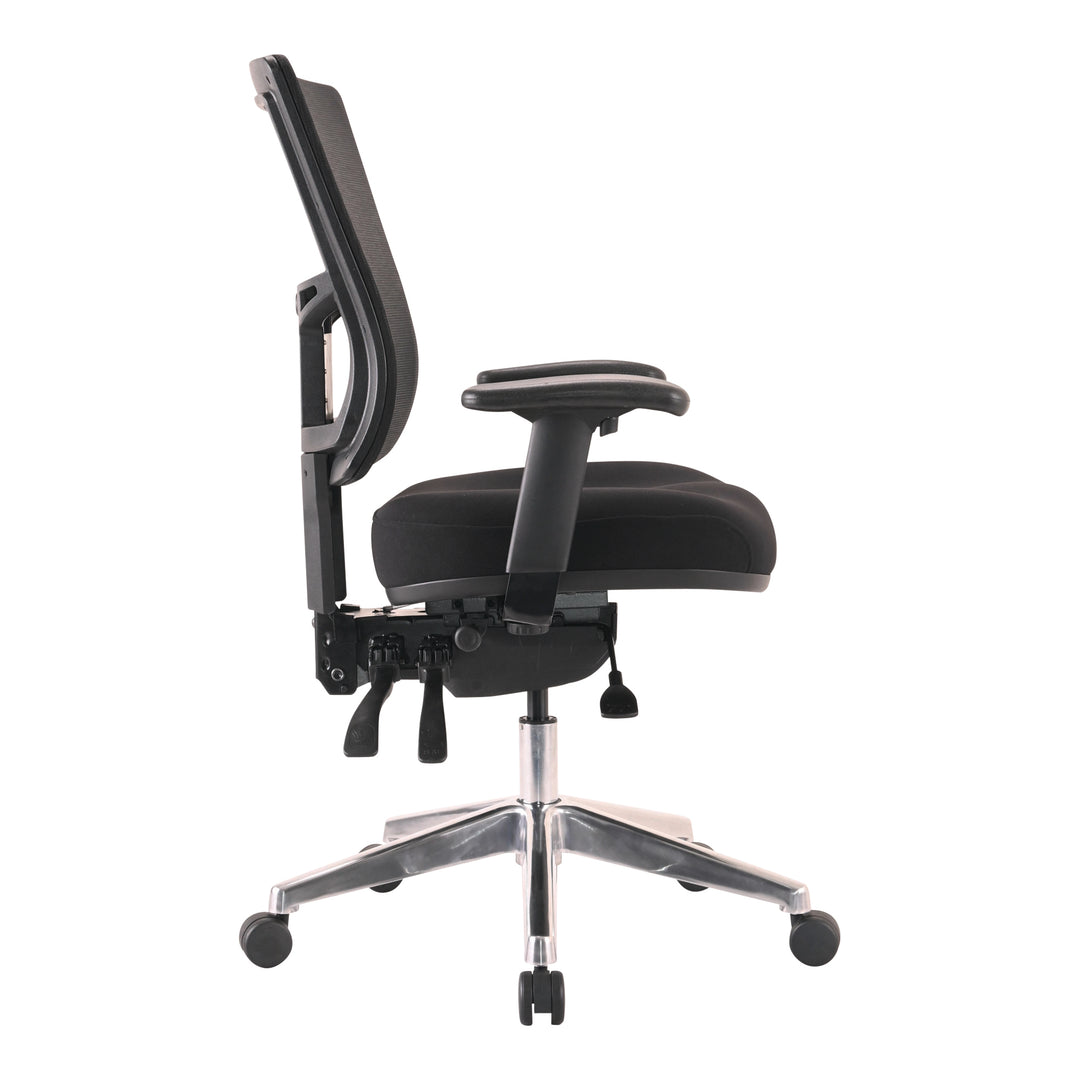 Buro Metro II 24/7 chair with adjustable arms, shown with optional polished aluminium base, side view (Buro Seating photograph)