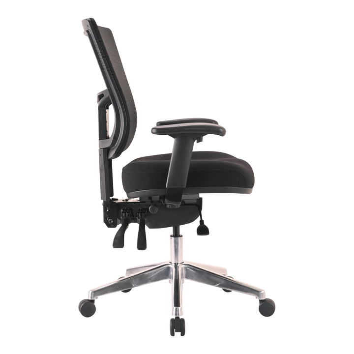 Buro Metro II 24/7 chair with adjustable arms, shown with optional polished aluminium base, side view (Buro Seating photograph)