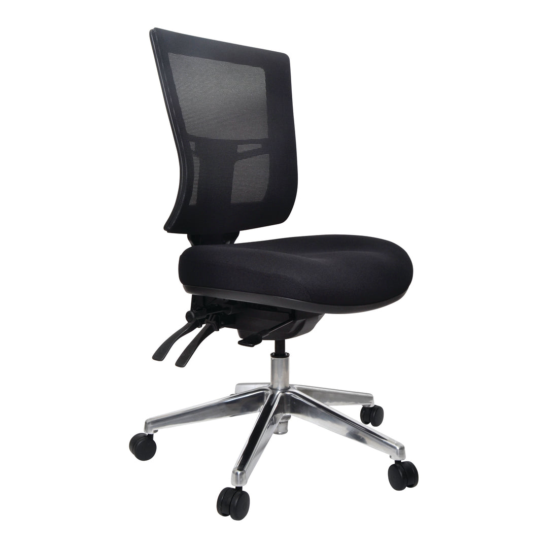 Buro Metro II 24/7 chair without arms, shown with optional polished aluminium base, angle view (Buro Seating photograph)