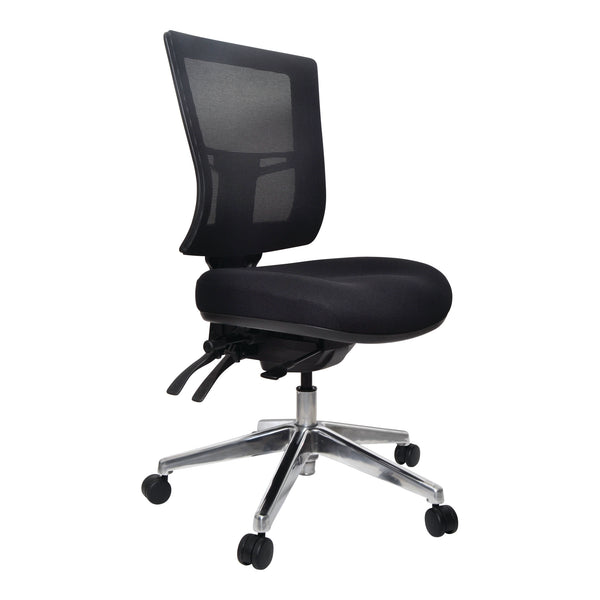 Buro Metro II 24/7 chair without arms, shown with optional polished aluminium base, angle view (Buro Seating photograph)
