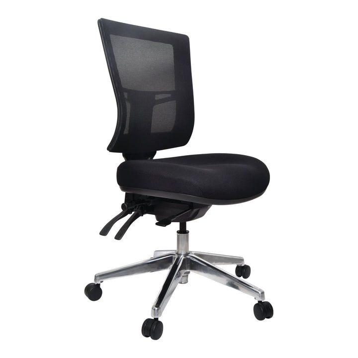 Buro Metro II 24/7 chair without arms, shown with optional polished aluminium base, angle view (Buro Seating photograph)