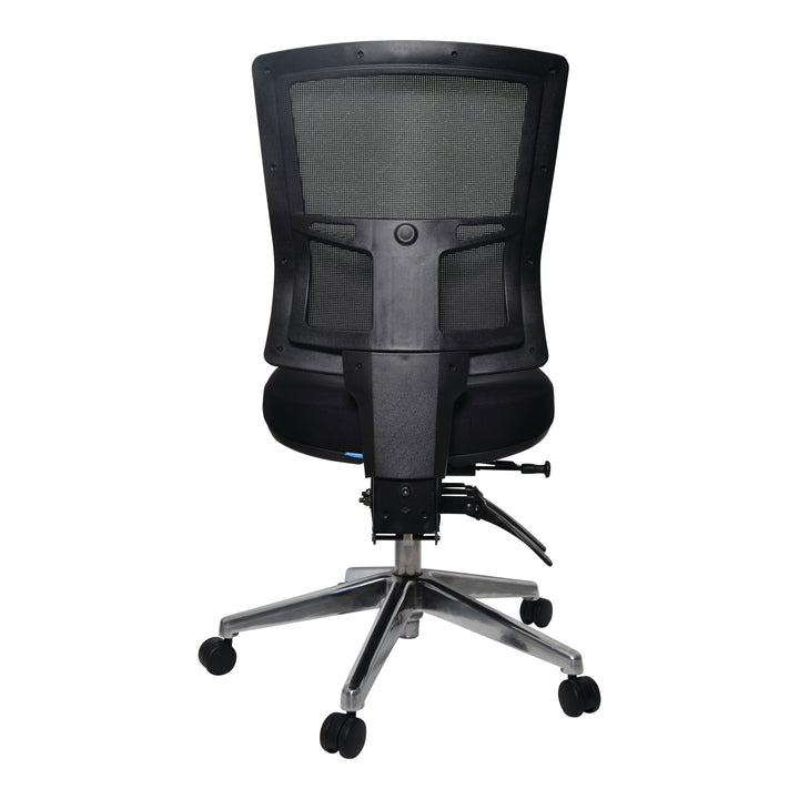 Buro Metro II 24/7 chair without arms, shown with optional polished aluminium base, back view (Buro Seating photograph)